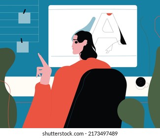 Woman working at desktop computer. Creative employee at modern workplace. Flat vector illustration isolated on white background.