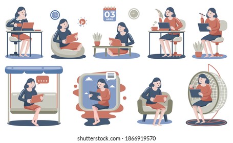 Woman Working with Digital Tablet at Home with Vector Illustration.