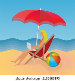 Woman working from distance on beach. Vector illustration. Square composition.