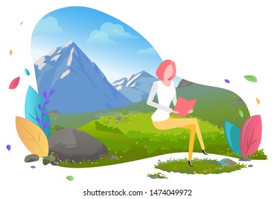 Woman working as distant worker vector, lady traveling in mountains. Female character with foliage and greenery of nature, traveling alone flat style. Mountain tourism. Flat cartoon