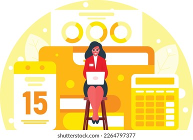 Frauen, die mit Dokumenten arbeiten. Female Programmiererin, die an einem Projekt arbeitet. Ordner mit Dokumenten, einem Taschenrechner, einem Kalender und einem Stapel Bücher mit einem Stundenglas. Bilanz mit Abschlüssen. Vektorgrafik Gr