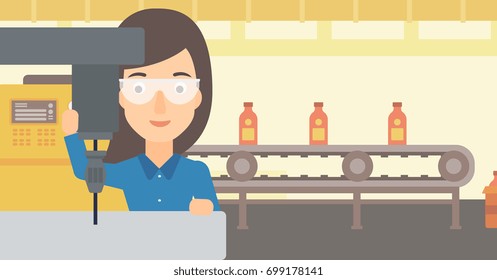 A woman working with a drilling machine on the background of factory workshop with conveyor belt vector flat design illustration. Horizontal layout.