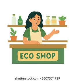 Woman working at eco shop counter surrounded by jars and plants, promoting green lifestyle.