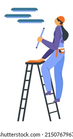 Woman working as electrician, isolated female character standing on ladder with instrument ready for fixing and maintenance. Lady wearing special protective uniform and helmet. Vector in flat style