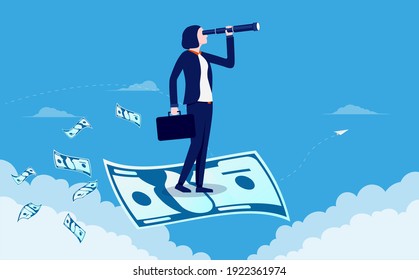 Woman working in finance looking for profits - Businesswoman standing on flying money with binocular searching for opportunities. Earning money concept. Vector illustration.