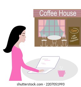 Woman working as Freelancer with Computer Sitting in Coffee House isolated on White