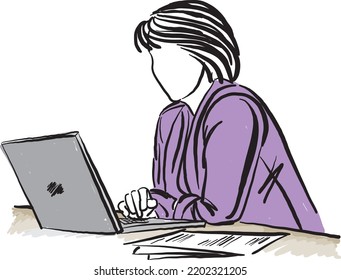 woman working in front a laptop computer and writing work concept vector illustration