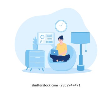 woman working in front of living room using laptop trending concept flat illustration