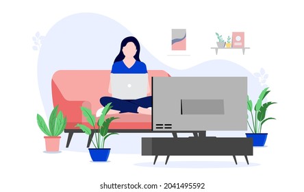 Woman working in front of tv - Female person with laptop sitting in sofa doing work in her living room while watching television. Stay at home concept, vector illustration with white background