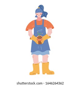 Woman working in garden, female character holding a potted plant in working rubber boots. Vector modern hand drawn cartoon illustration of cute girl gardener. Gardening hobby, leisure time outdoors.