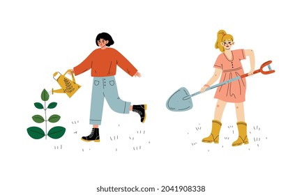 Woman Working in Garden with Watering Can and Shovel Cultivating Plant Vector Set