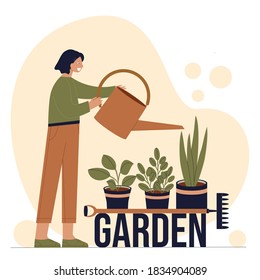 Woman working in gardening. Flat vector illustration. Garden work, watering, planting, cutting, arranging