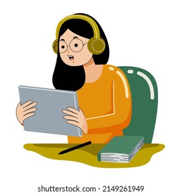 Woman working with graphic tablet in flat design style