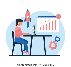 Woman working hard. Aspiring entrepreneur launches start up or innovates company. Financial literacy and passive income, budget. Working with statistics, graphs. Cartoon flat vector illustration