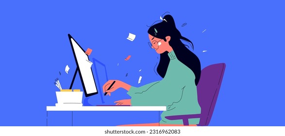 A woman working hard at her computer. Sitting at her desk. Backlog at work, hard work. Side view. Contemporary vibrant vector illustration. Trendy Flat and Line