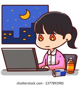 Woman working hard at night