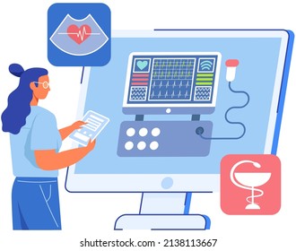 Mujer trabajando con tecnología de control de salud. Procedimiento médico, control de enfermedades cardíacas, examen del sistema cardiovascular, dispositivo de prevención de la hipertensión. El cardiólogo Lady conduce un cardiograma