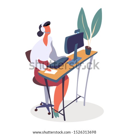 Woman working in helpdesk vector. Clients customers support. Lady wearing headphones communicating with partners via internet. Manager using personal computer at work or home. Freelancer, sale manager