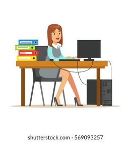 Woman Working At Her Desk With Computer And Folders, Part Of Office Workers Series Of Cartoon Characters In Official Clothing