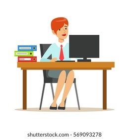 Frauen, die an ihrem Schreibtisch mit Computern und Ordnern arbeiten, Teil der Büroarbeiter-Serie Cartoon-Zeichen in amtlicher Kleidung