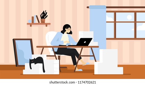 A woman working at her desk at home. She has a lot of work. Woman working with laptop at her work desk and testing ui and ux. Vector illustration of student studying at home. 
