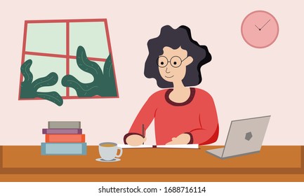 Woman working at her desk at home. Vector illustration of student studying at home. Freelance woman working on laptop at her house, dressed in home clothes.