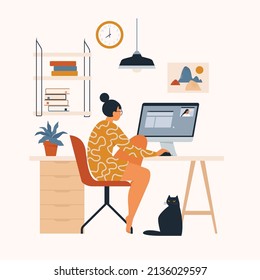 Woman working at her desk at home. She has a lot of work. Woman working with laptop at her work desk and testing ui and ux. Vector illustration of student studying at home.