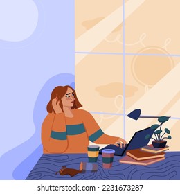 Woman working at her desk at home. Woman with laptop at her work desk.