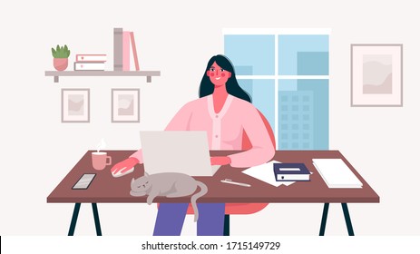 Woman working at her desk with laptop. Home office. Freelance or studying concept. Daily life of freelance worker, everyday routine. Remote worker. Cute illustration in flat cartoon style.