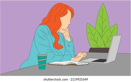 A Woman Is Working With Her Laptop On A Clean Desk. Cartoon Minimal Style. Flat Vector Illustration