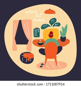 Woman is working from home to avoid a coronavirus. Student learning from home. Online meeting. Technology digital, Social distancing, Work from home concept. Flat hand drawn vector graphic