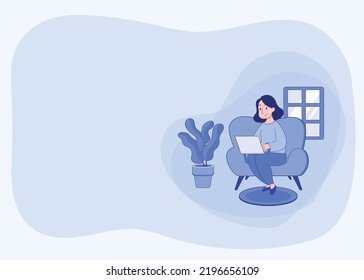 Frauen arbeiten zu Hause. Charakter sitzend auf Sofa im gemütlichen Wohnzimmer, Blick auf Computer-Bildschirm. Fernarbeitskonzept. Flache Cartoon-Vektorgrafik.