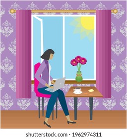 Woman working at home. Colorful illustration. Vector illustration.