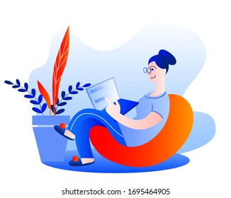 Woman working at home at the computer. Vector illustration in red and blue colors on the theme of working as a freelancer.