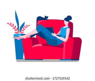 Woman working at home at the computer. Vector illustration in red and blue colors on the theme of working as a freelancer.