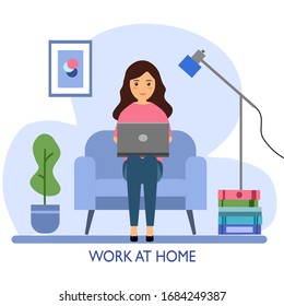 A woman working at home concept vector illustration on white background. Freelancer character working from home with laptop sitting in cozy armchair. Home office. Remote work.