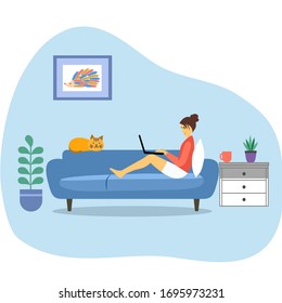 A woman working from home concept vector illustration in side view. Freelancer character working at home with laptop sitting in cozy sofa. Home office. Remote work.