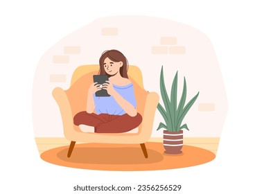 Woman working at home concept. Young girl at sofa with digital tablet. Distance worker and employee. Freelancer making money on internet. Comfortable workplace. Cartoon flat vector illustration