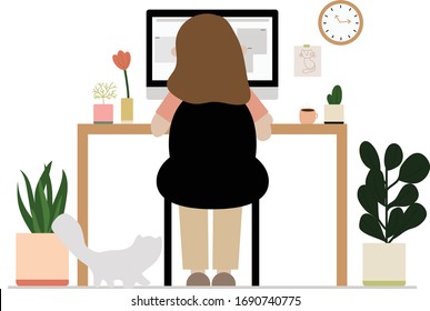 Woman working at home, coworking space. Cute girl study at home. Freelancer working on computerat home. WFH. vector, illustration