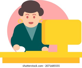 Woman working from home at a desk or in an office with computer, monitor and mouse flat vector graphic.