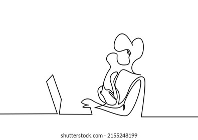 a woman working from home does work at a laptop and computer with her baby in her arms