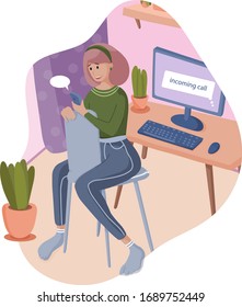 Woman working from home due to coronavirus quarantine. She misses online call on laptop as she speaks by the phone. Flat concept illustration. Vector