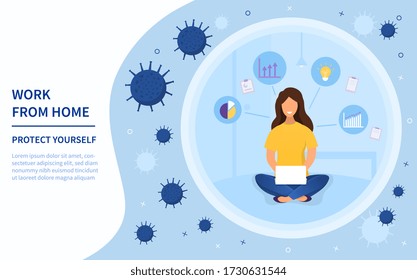 Woman Working From Home during Covid-19 pandemic using a laptop surrounded by floating virus molecules with copy space for text, colored vector illustration