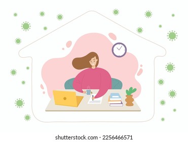 Woman working at home during virus epidemic to avoid contact. Concept of staying at home, freelancer, remotely working. Flat vector illustration cartoon character.