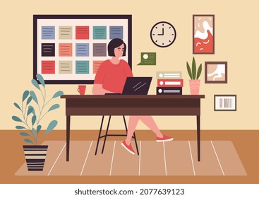 Woman working at home. Freelancer, coworking, desk, comfortable workplace. Remote worker in apartment, modern technologies, internet, company. Lifestyle leisure. Cartoon flat vector illustration
