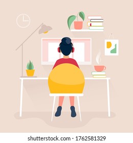 Woman working from home,  freelancer, e-learning concept. Girl studying, drinking coffee. Freelancer, student cartoon character