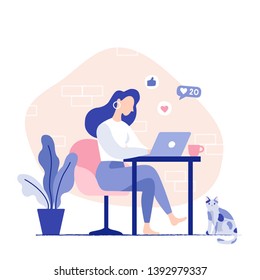 Woman working from home. Freelancer home workplace. Vector flat illustration.