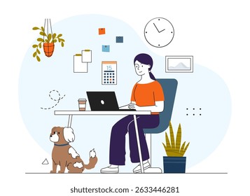 Mulher trabalhando em casa. Menina sentada no laptop e executando tarefas de trabalho. Freelancer e funcionário remoto em local de trabalho confortável. Empresária ganhando dinheiro na Internet. Ilustração de vetor linear