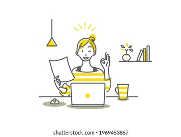 woman working from home happily