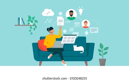 Woman working from home and having a conference call with her virtual team online, remote work and outsourcing concept